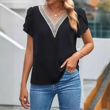 Load image into Gallery viewer, Lace Patchwork V-neck Petal Short Sleeved