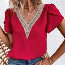 Load image into Gallery viewer, Lace Patchwork V-neck Petal Short Sleeved
