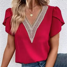 Load image into Gallery viewer, Lace Patchwork V-neck Petal Short Sleeved