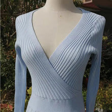 Load image into Gallery viewer, Knitted Pleated Dress Long Sleeves V-Neck Solid
