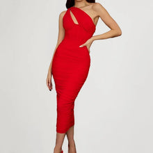 Load image into Gallery viewer, Mesh White Midi Dress Sexy Cutout One Shoulder Sleeveless Bodycon