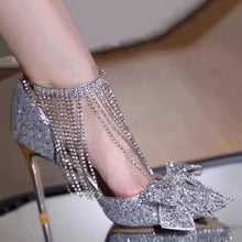 Load image into Gallery viewer, New silver high heels women's rhinestone fine high heel bow pointed