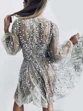 Load image into Gallery viewer, Deep V Neck Gold Glitter Long Sleeve Sequin Mini