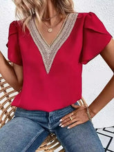 Load image into Gallery viewer, Lace Patchwork V-neck Petal Short Sleeved
