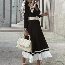 Load image into Gallery viewer, Knitted Pleated Dress Long Sleeves V-Neck Solid
