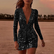 Load image into Gallery viewer, Deep V Dress Sexy See Through Sequined