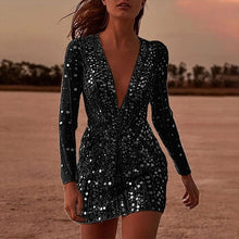 Load image into Gallery viewer, Deep V Dress Sexy See Through Sequined