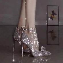 Load image into Gallery viewer, New silver high heels women's rhinestone fine high heel bow pointed