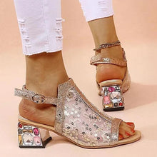 Load image into Gallery viewer, Fashion Gold Glitter Heeled Sandals Back Strap Peep