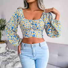 Load image into Gallery viewer, Lantern Sleeve Bow Floral Chiffon Shirt