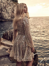 Load image into Gallery viewer, Deep V Neck Gold Glitter Long Sleeve Sequin Mini