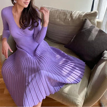 Load image into Gallery viewer, Knitted Pleated Dress Long Sleeves V-Neck Solid