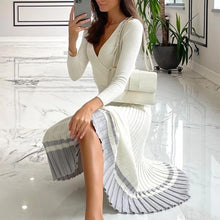 Load image into Gallery viewer, Knitted Pleated Dress Long Sleeves V-Neck Solid