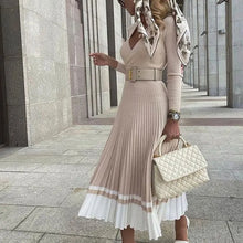 Load image into Gallery viewer, Knitted Pleated Dress Long Sleeves V-Neck Solid