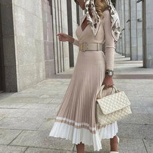 Load image into Gallery viewer, Knitted Pleated Dress Long Sleeves V-Neck Solid