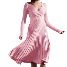 Load image into Gallery viewer, Knitted Pleated Dress Long Sleeves V-Neck Solid