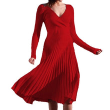Load image into Gallery viewer, Knitted Pleated Dress Long Sleeves V-Neck Solid