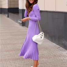 Load image into Gallery viewer, Knitted Pleated Dress Long Sleeves V-Neck Solid