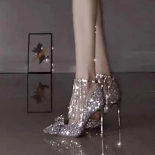 Load image into Gallery viewer, New silver high heels women's rhinestone fine high heel bow pointed