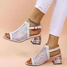 Load image into Gallery viewer, Fashion Gold Glitter Heeled Sandals Back Strap Peep
