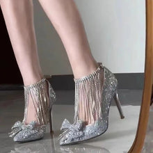 Load image into Gallery viewer, New silver high heels women's rhinestone fine high heel bow pointed