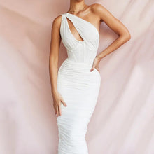 Load image into Gallery viewer, Mesh White Midi Dress Sexy Cutout One Shoulder Sleeveless Bodycon