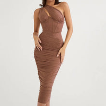 Load image into Gallery viewer, Mesh White Midi Dress Sexy Cutout One Shoulder Sleeveless Bodycon