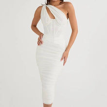 Load image into Gallery viewer, Mesh White Midi Dress Sexy Cutout One Shoulder Sleeveless Bodycon