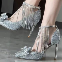 Load image into Gallery viewer, New silver high heels women's rhinestone fine high heel bow pointed