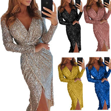 Load image into Gallery viewer, Bodycon Dress Long-sleeved V-neck