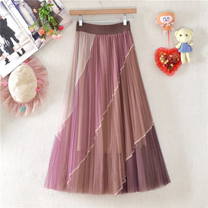 Women Elegant Double Layer Mesh Midi Skirt