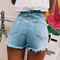 Women Fashion Ripped Tassels High Waist Denim Shorts