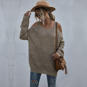 Women's Autumn Lightweight Loose Knit Cold Shoulder Sweater Khaki