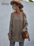 Women's Autumn Lightweight Loose Knit Cold Shoulder Sweater Khaki