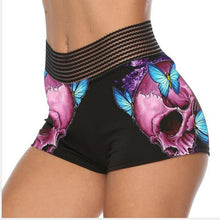 Load image into Gallery viewer, Womens Skinny Rose Skull Butterfly Printed Patchwork Shorts Gothic