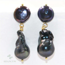 Load image into Gallery viewer, 15 20mm Black Baroque Pearl Earrings Ear Stud Natural Accessories - Sophornlilly