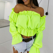 Load image into Gallery viewer, Candy Color Off Shoulder Crop Tops women Summer dot print lantern