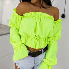 Load image into Gallery viewer, Candy Color Off Shoulder Crop Tops women Summer dot print lantern