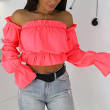Load image into Gallery viewer, Candy Color Off Shoulder Crop Tops women Summer dot print lantern