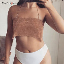 Load image into Gallery viewer, NEW Women Rhinestones Halter Backless Crop Top Summer Sexy Gold