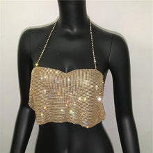 Load image into Gallery viewer, NEW Women Rhinestones Halter Backless Crop Top Summer Sexy Gold