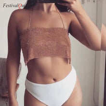 Load image into Gallery viewer, NEW Women Rhinestones Halter Backless Crop Top Summer Sexy Gold