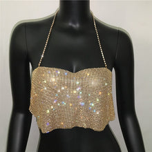 Load image into Gallery viewer, NEW Women Rhinestones Halter Backless Crop Top Summer Sexy Gold