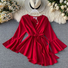 Load image into Gallery viewer, V neck flare sleeve chiffon irregular blouse
