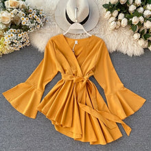 Load image into Gallery viewer, V neck flare sleeve chiffon irregular blouse