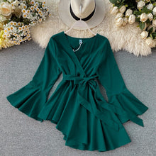 Load image into Gallery viewer, V neck flare sleeve chiffon irregular blouse