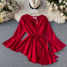 Load image into Gallery viewer, V neck flare sleeve chiffon irregular blouse