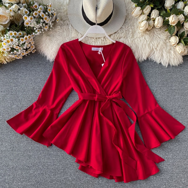 V neck flare sleeve chiffon irregular blouse