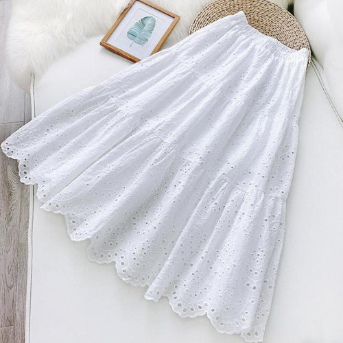 Summer New Women Hollow Embroidery Casual Skirt Solid Color