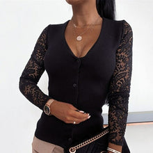Load image into Gallery viewer, Autumn Lace Women Blouses V Neck Shirts Buttons Long Sleeve Red